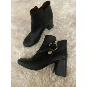 See by Chloe Boots Louise Block Heel Ankle Booties Black Leather Zip Size 37 7